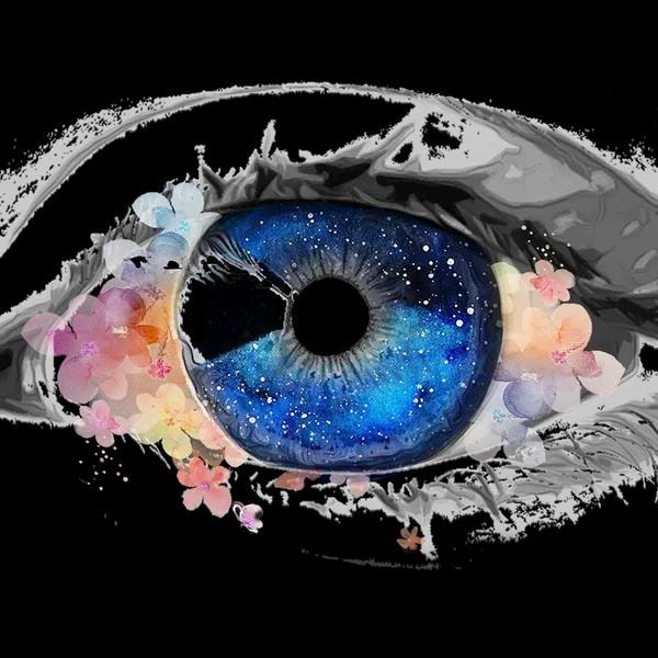 Artistic eye with starry iris and flowers representing Brainspotting therapy